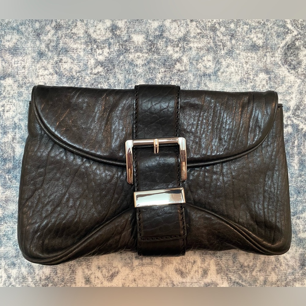 Michael Kors Heidi Black Leather Clutch with Silver Snap Buckle Closure